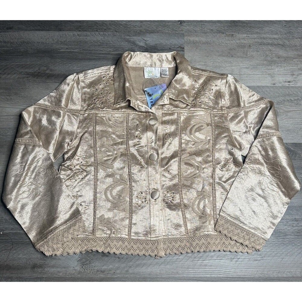 Tropico Vintage Cotton Silk Tan Shimmer Embroidery Crochet Jacket Women Sz L